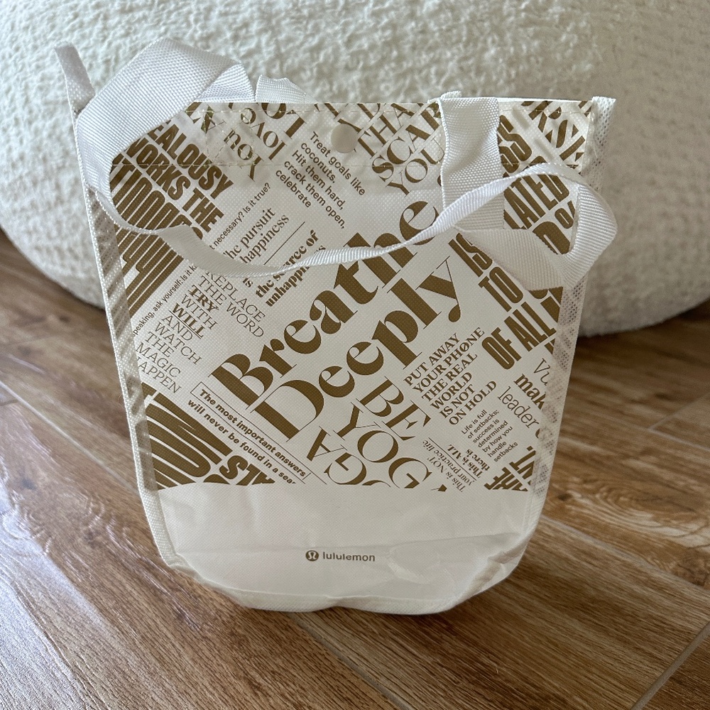 NEW Lululemon White and Gold Bag Small Reusable Shopping Tote Bag Snap Button